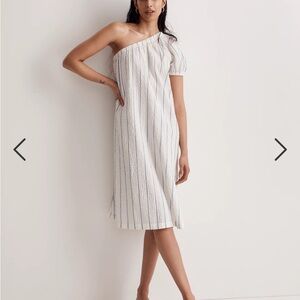 Madewell seersucker one-shoulder puff-sleeve midi dress blue stripe
